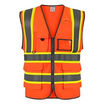SHORFUNE High Visibility Safety Vest - ANSI/ISEA Compliant, Multiple Pockets, Reflective Strips, Zip...