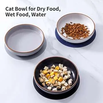 Howise 6 inch Ceramic Cat Bowls with Non-Slip Mat | 6inch Cat Dishes for food and water Set | 3 Wide Shallow Cat Food Bow | Pet Kitten Bowl Cat Dish for Indoor Cat Kitty Bowl, Black