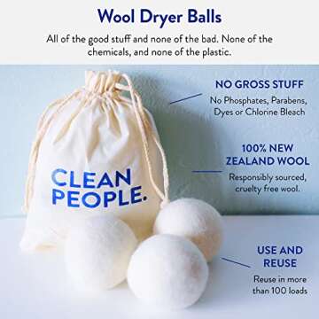 The Clean People 100% New Zealand Wool Dryer Balls - 3 Pack - Wool for Laundry, Fabric Softening, Anti Static, No Lint, Odorless and Reusable
