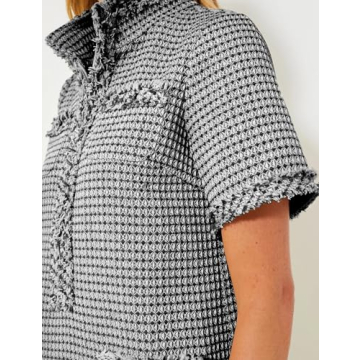 PEHMEA Women's Tweed Dress, Short Sleeve Straight Tube Mini Dress with Pockets for Business Party Work(Black-XL)