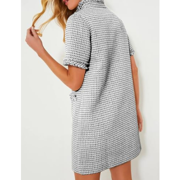 PEHMEA Women's Tweed Dress, Short Sleeve Straight Tube Mini Dress with Pockets for Business Party Work(Black-XL)