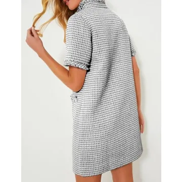 PEHMEA Women's Tweed Dress, Short Sleeve Straight Tube Mini Dress with Pockets for Business Party Work(Black-XL)