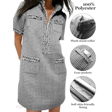 PEHMEA Women's Tweed Dress, Short Sleeve Straight Tube Mini Dress with Pockets for Business Party Work(Black-XL)