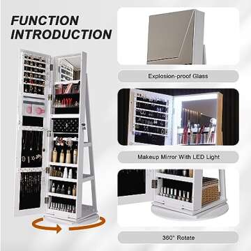 HNEBC LED Light Jewelry Storage Organizer, Armoire with Door Mirror 360° Rotating, Full Length Cabinet, ,Large Jewelry Boxes & Organizers（A White）