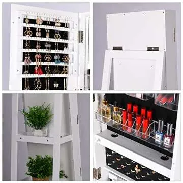 HNEBC LED Light Jewelry Storage Organizer, Armoire with Door Mirror 360° Rotating, Full Length Cabinet, ,Large Jewelry Boxes & Organizers（A White）