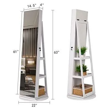 HNEBC LED Light Jewelry Storage Organizer, Armoire with Door Mirror 360° Rotating, Full Length Cabinet, ,Large Jewelry Boxes & Organizers（A White）