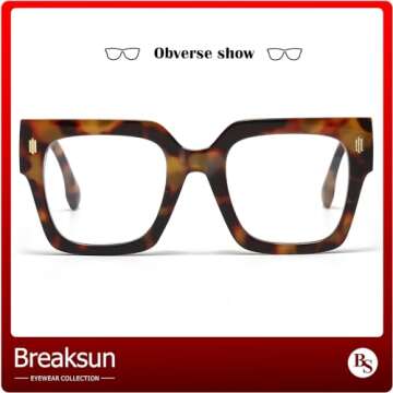 Breaksun Fashion Oversized Blue Light Blocking Glasses for Women Men Trendy Big Square Frame Computer Eyeglasses (Tortoise)