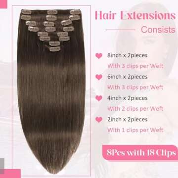 Tebelove Clip in Hair Extensions Real Human Hair 3.6oz/100g Clip ins 100% Brazilian Remy Human Hair Extension for Women 8pcs Per Set with 18 Clips Double Weft (16 Inch #4 Chocolate Brown)