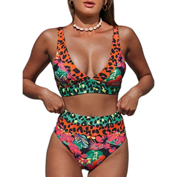 Hilinker Women's Leopard Bikini Swimsuits V Neck High Waisted 2 Piece Bathing Suits Coral X-Large