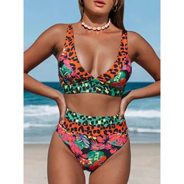 Hilinker Women's Leopard Bikini Swimsuits V Neck High Waisted 2 Piece Bathing Suits Coral X-Large