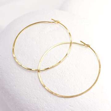 Thin Hammered Hoop Earrings, Elegant Geometric Solid Sterling Silver, Gold Filled, and Rose Gold Filled; for Women by Lotus Stone Jewelry (Gold, Large Hoop)