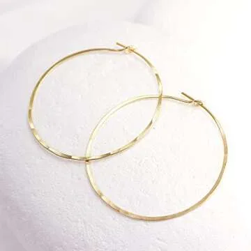 Thin Hammered Hoop Earrings, Elegant Geometric Solid Sterling Silver, Gold Filled, and Rose Gold Filled; for Women by Lotus Stone Jewelry (Gold, Large Hoop)