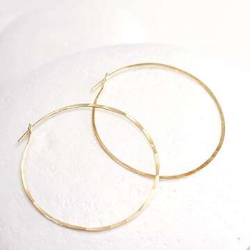 Thin Hammered Hoop Earrings, Elegant Geometric Solid Sterling Silver, Gold Filled, and Rose Gold Filled; for Women by Lotus Stone Jewelry (Gold, Large Hoop)