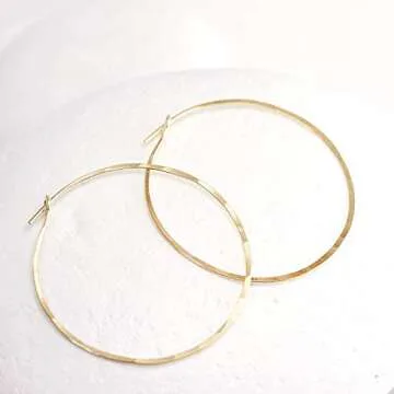 Thin Hammered Hoop Earrings, Elegant Geometric Solid Sterling Silver, Gold Filled, and Rose Gold Filled; for Women by Lotus Stone Jewelry (Gold, Large Hoop)