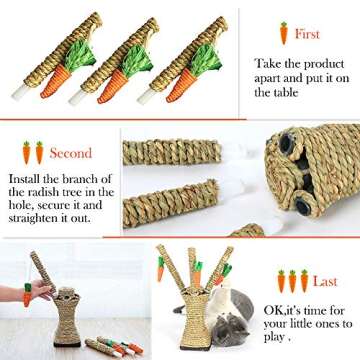 Bunny Chew Toys, Rabbit Scratching Climbing Fun Tree with Carrot Shaped Toy, Handwoven Seagrass Chew Toy for Rabbits, Cats, Hamsters, Gerbils Teeth Grinding