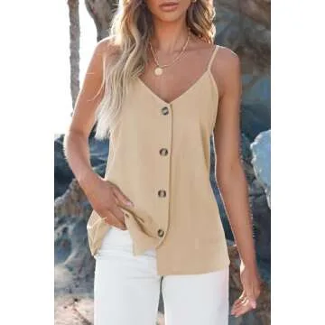 BLENCOT Women Button Down V Neck Strappy Tank Tops Loose Casual Sleeveless Vests Shirts Blouses X-Large Apricot