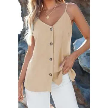BLENCOT Women Button Down V Neck Strappy Tank Tops Loose Casual Sleeveless Vests Shirts Blouses X-Large Apricot