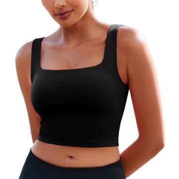 PINSPARK Black Sports Bra Women Square Neck Athletic Tops for Women Stretch Padded Workout Tank Buil...
