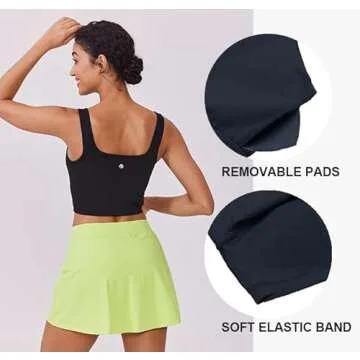 PINSPARK Black Sports Bra Women Square Neck Athletic Tops for Women Stretch Padded Workout Tank Built in Bra Longline Yoga Top Small,Black