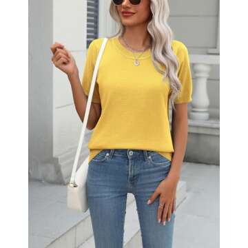 Zeagoo Womens Summer Short Sleeve Tops Crew Neck Lightweight Pullover Sweaters Loose Dressy Casual Blouse Yellow Clothes
