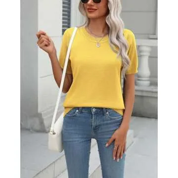 Zeagoo Womens Summer Short Sleeve Tops Crew Neck Lightweight Pullover Sweaters Loose Dressy Casual Blouse Yellow Clothes