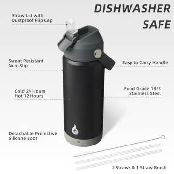 BJPKPK Insulated Water Bottle with Straw Lid, 18oz Thermos Water Bottles with Soft Nozzle, Flex Handle & Non-slip Boot, BPA Free Leak Proof Stainless Steel Metal Thermos, Tumblers, Cups,Black