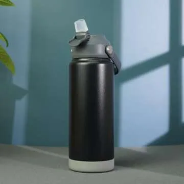 BJPKPK Insulated Water Bottle with Straw Lid, 18oz Thermos Water Bottles with Soft Nozzle, Flex Handle & Non-slip Boot, BPA Free Leak Proof Stainless Steel Metal Thermos, Tumblers, Cups,Black