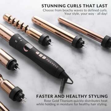 Foxybae 7-in-1 Curling Wand Set - Le’se7en Professional Black & Rose Gold Hair Curling Wand - 7 Interchangeable Curling Iron Set - Titanium Hair Wand Curler with LCD Display for Temperature Control