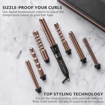 Foxybae 7-in-1 Curling Wand Set - Le’se7en Professional Black & Rose Gold Hair Curling Wand - 7 Interchangeable Curling Iron Set - Titanium Hair Wand Curler with LCD Display for Temperature Control