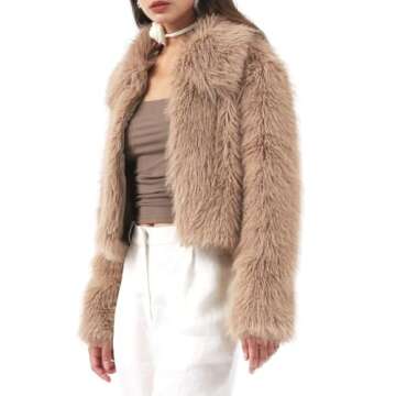 Amazhiyu Womens Faux Fur Zip-Up Cropped Jacket Long Sleeve Warm Winter Coat