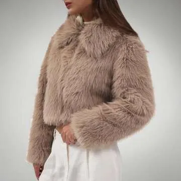 Amazhiyu Womens Faux Fur Zip-Up Cropped Jacket Long Sleeve Warm Winter Coat