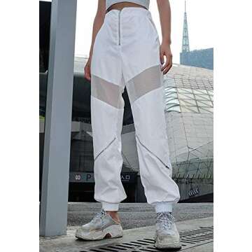 LifeShe Women's Hip Hop High Waist Mesh Patchwork Jogger Pants White