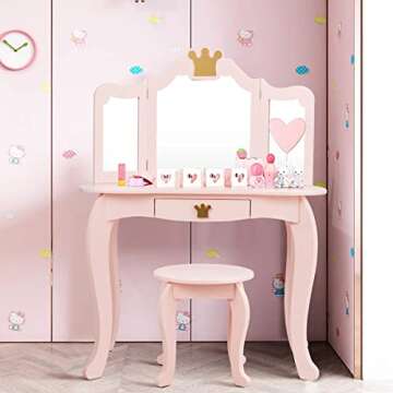 HONEY JOY Kids Vanity, Crown Themed Toddler Dressing Makeup Table and Chair Set w/Drawer & Tri-Foldi...