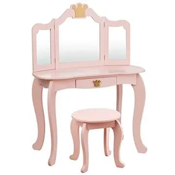 HONEY JOY Kids Vanity, Crown Themed Toddler Dressing Makeup Table and Chair Set w/Drawer & Tri-Folding Mirror, Detachable Mirror, Princess Pretend Play Girls Vanity Set with Mirror and Stool(Pink)