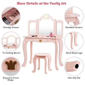 HONEY JOY Kids Vanity, Crown Themed Toddler Dressing Makeup Table and Chair Set w/Drawer & Tri-Folding Mirror, Detachable Mirror, Princess Pretend Play Girls Vanity Set with Mirror and Stool(Pink)