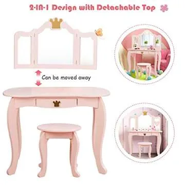 HONEY JOY Kids Vanity, Crown Themed Toddler Dressing Makeup Table and Chair Set w/Drawer & Tri-Folding Mirror, Detachable Mirror, Princess Pretend Play Girls Vanity Set with Mirror and Stool(Pink)