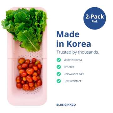 BLUE GINKGO Sink Colander Baskets - (Pack of 2) Wash Vegetables and Fruits, Drain Cooked Pasta and Dry Dishes - Extendable - New Home Kitchen Essentials (2 Pink)