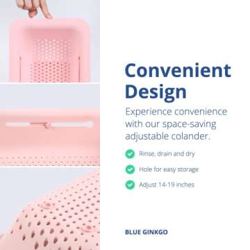 BLUE GINKGO Sink Colander Baskets - (Pack of 2) Wash Vegetables and Fruits, Drain Cooked Pasta and Dry Dishes - Extendable - New Home Kitchen Essentials (2 Pink)