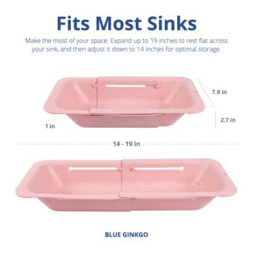 BLUE GINKGO Sink Colander Baskets - (Pack of 2) Wash Vegetables and Fruits, Drain Cooked Pasta and Dry Dishes - Extendable - New Home Kitchen Essentials (2 Pink)