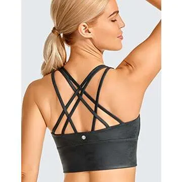 CRZ YOGA Women's Longline Matte Faux Leather Sports Bras - Strappy Wirefree Padded Medium Impact Workout Crop Tank Top Faux Leather Coast Gray Medium