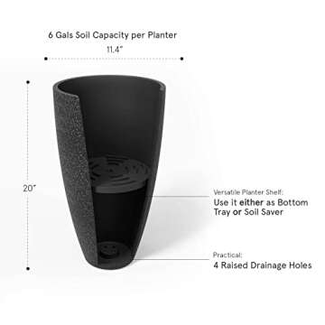 LA Jolie Muse Black Tall Planters Set of 2,20 Inch Tall Outdoor Planters with Shelves Insert,Large Planter Pots with Drainage Holes for Front Proch