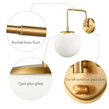 DAYCENT Gold Plug in Wall Sconce Swing Arm Sconces Wall Lighting with Switch Modern Brass Globe Wall Light Fixture Milk Glass Sconce Light for Hallway Bathroom Bedroom