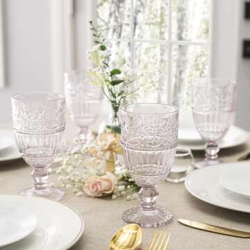 WHOLE HOUSEWARES | Pink Coloured Glass Goblet | Set of 6 Vintage Drinking Glasses | 11.5 oz Embossed Design | Wedding, Party Wine Glasses Set of 6 (Pink)