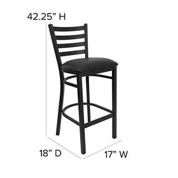 Flash Furniture Hercules Series Ladder Back Metal Restaurant Barstool, Modern Upholstered Armless Bar Height Chair for Restaurants and Kitchens, Black