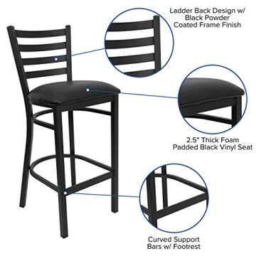 Flash Furniture Hercules Series Ladder Back Metal Restaurant Barstool, Modern Upholstered Armless Bar Height Chair for Restaurants and Kitchens, Black