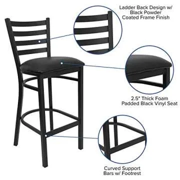 Flash Furniture Hercules Series Ladder Back Metal Restaurant Barstool, Modern Upholstered Armless Bar Height Chair for Restaurants and Kitchens, Black