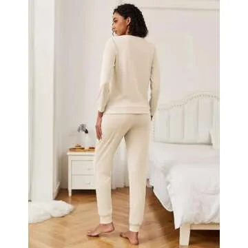 Ekouaer Womens Ribbed Knit Pajama Sets 2 Piece Jogger Pjs Long Sleeve Sleepwear Round Neck Soft Lounge Sets with Pockets Light Khaki X-Large