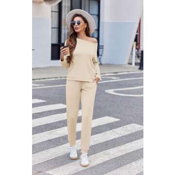 Ekouaer Womens Ribbed Knit Pajama Sets 2 Piece Jogger Pjs Long Sleeve Sleepwear Round Neck Soft Lounge Sets with Pockets Light Khaki X-Large