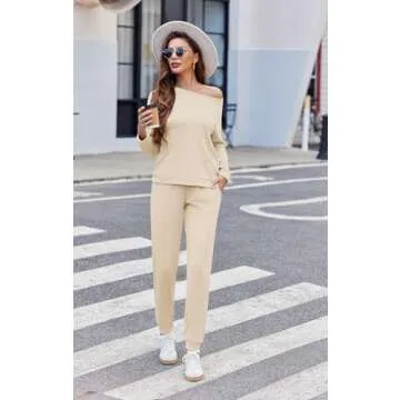 Ekouaer Womens Ribbed Knit Pajama Sets 2 Piece Jogger Pjs Long Sleeve Sleepwear Round Neck Soft Lounge Sets with Pockets Light Khaki X-Large