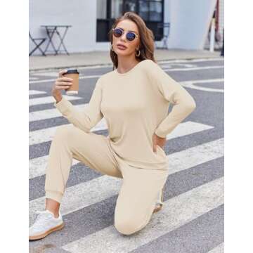 Ekouaer Womens Ribbed Knit Pajama Sets 2 Piece Jogger Pjs Long Sleeve Sleepwear Round Neck Soft Lounge Sets with Pockets Light Khaki X-Large